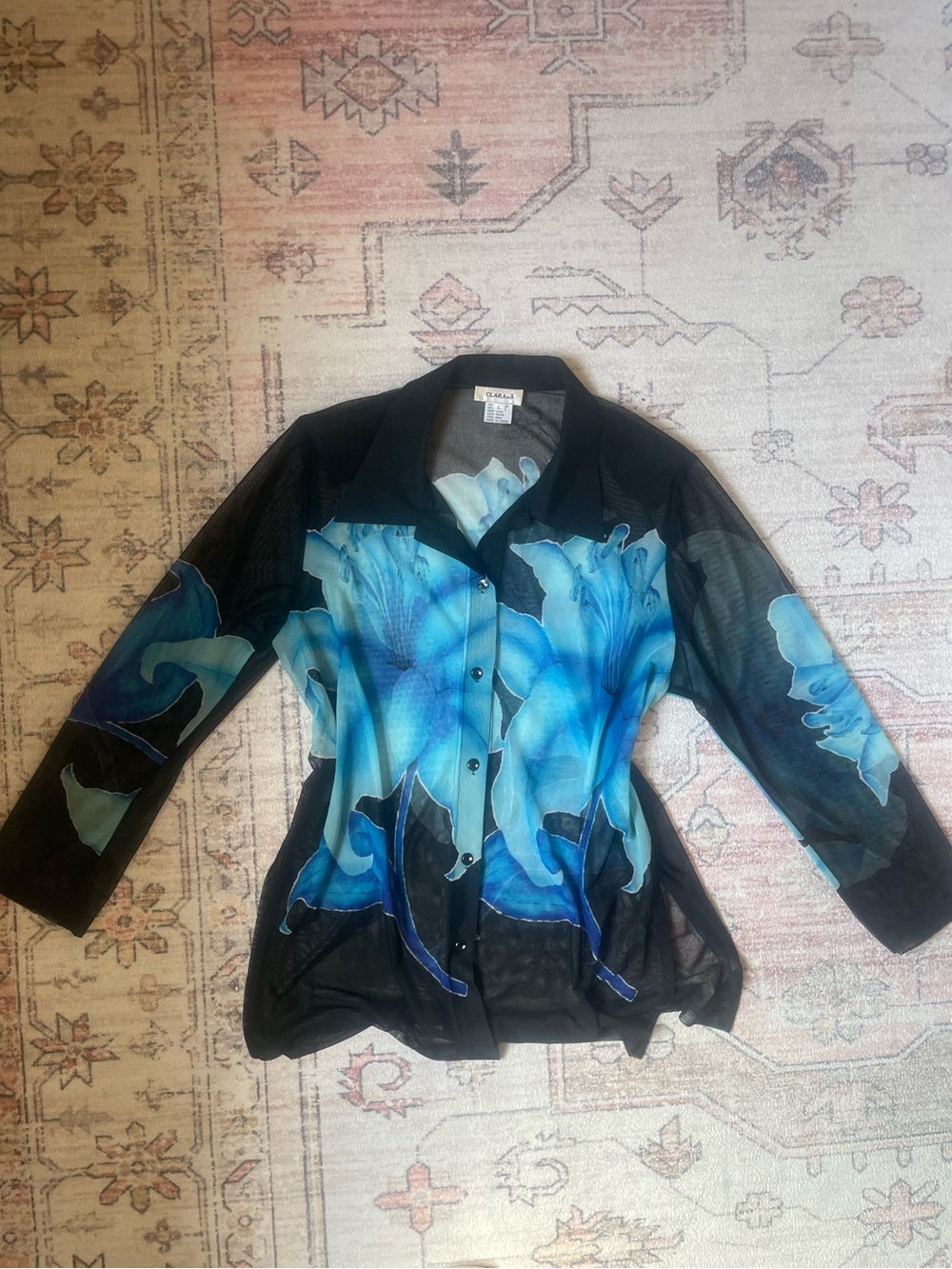 Vintage Y2k Clara S Whimsygoth Black Mesh Floral Button Up Blouse Womens L